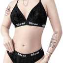 COZYEASE Women's 2 Piece Lingerie Sets Goth Velvet Floral Wireless Bra and Panty Underwear Set, L