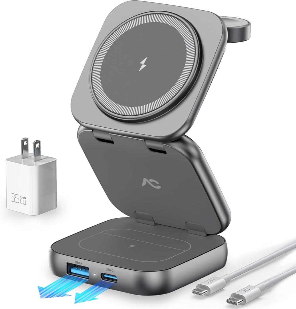 5-in-1 Wireless Charger for MagSafe, AC ISLAND Portable Travel Charging Station, 15W Max Fast Foldable Magnetic Stand, Evolved for iPhone 17/16/15/14/13 Series, Apple Watch, AirPods (with 35W Adapter) (Gray)