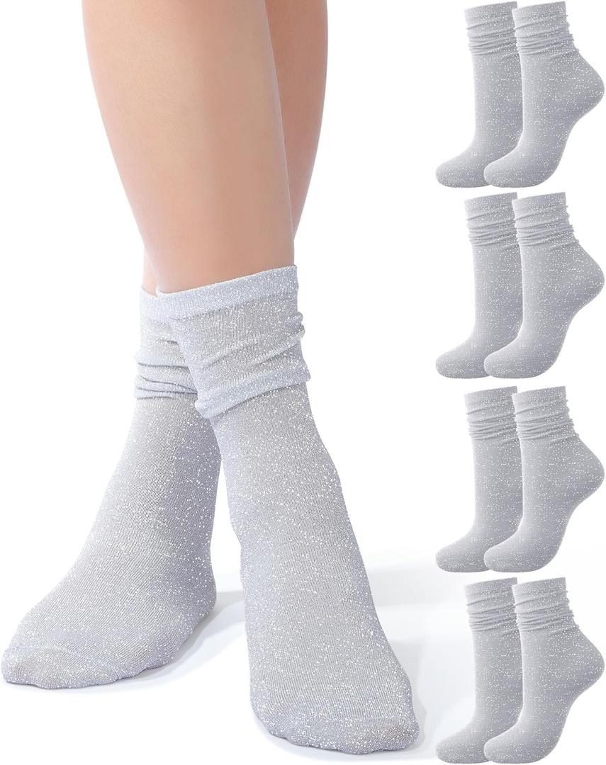 Syhood 4 Pairs Women's Novelty Glitter Ankle Socks Sparkly Metallic Casual Ladies Bright Retro Piles Ankle Socks (Gray, M)