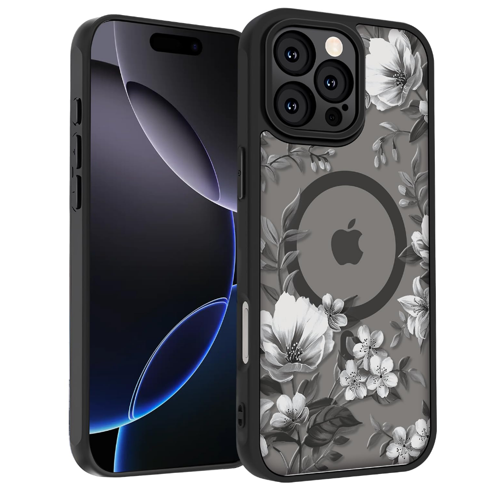 SobLn for iPhone 16 Pro Case, Black Floral Flower Pattern Case [Compatible with MagSafe] [Translucent Matte] Cute Slim Shockproof Protective Women Girls Phone Case 6.3", White Flower