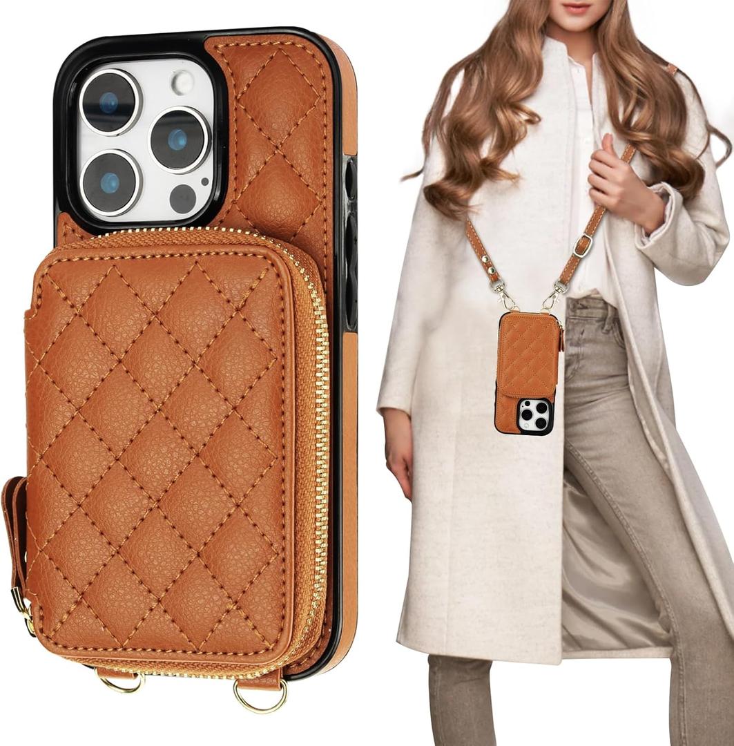 Bocasal Crossbody Wallet Case for iPhone 16 Pro, RFID Blocking PU Leather Zipper Handbag Purse Flip Cover, Kickstand Folio Case with Card Slots Holder Wrist Strap Lanyard 5G 6.3 Inch (Brown)