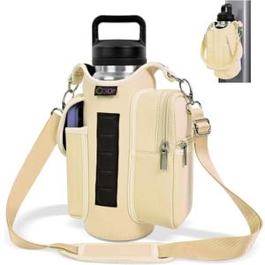 icolor Magnetic Gym Bag Water Bottle Carrier Holder with Phone Pockets & Shoulder Strap,Gym Magnetic Bag 5 Built-in Magnets Gym Accessories Organizer Magnetic Bottle Pouch Sleeve for Men Women (Cream)