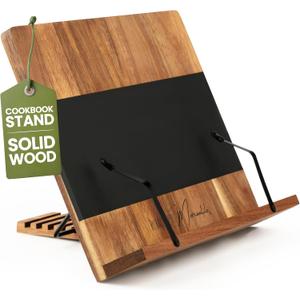 Cookbook Stand for Kitchen Counter  Adjustable Wood Book Holder with Resin Accent, Rustic Recipe Book Stand with Secure Page Grips, Compatible with Cookbooks & Tablets