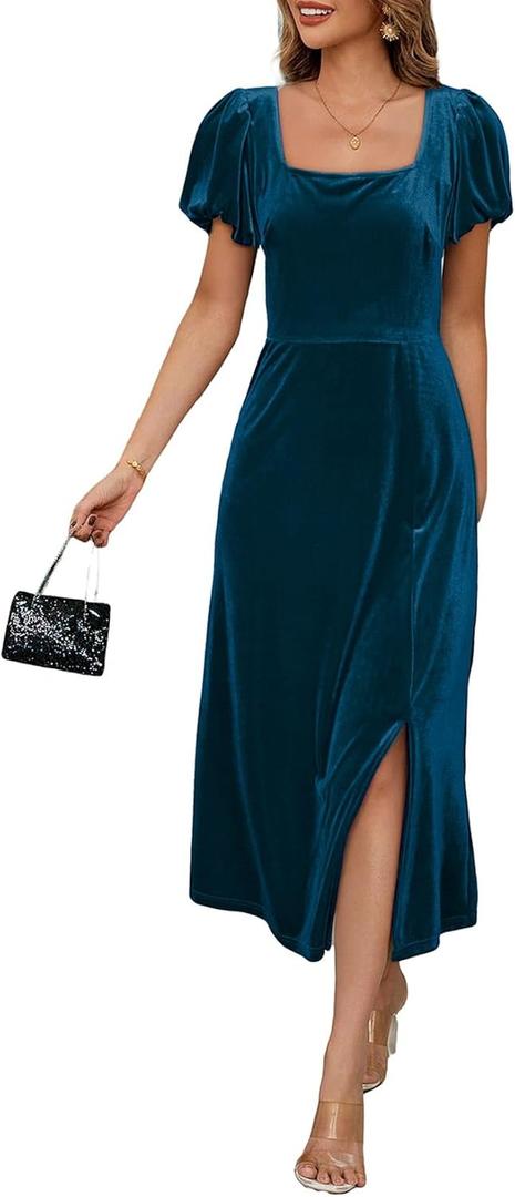BLENCOT Women's Casual Fall Short Sleeve Square Neck Midi Dress Side Slit Velvet Wedding Guest Flowy Party Dresses (Medium, Blue)
