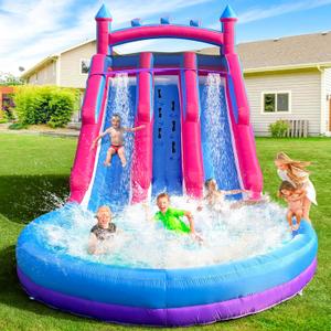 Inflatable Commercial Grade Water Slide with Water Tube and Blower for Kids and Adults All Age 21 x 12 x 9 FT Wet and Dry Huge PVC Pool for Summer Party-Oxford-Double Slide-Pink