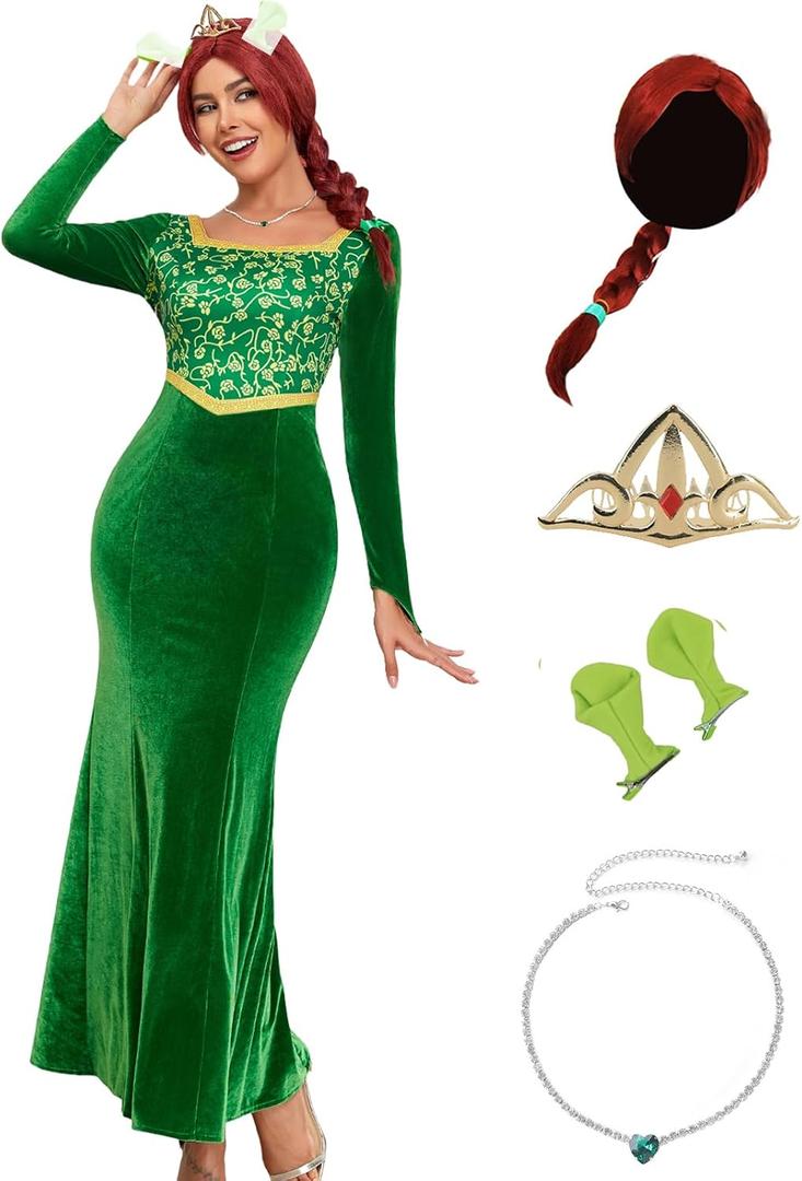 PAINEOMN Princess Costume for Women Princess Dress Adult Long Sleeves Green Dress Gown Dress Halloween Cosplay Party Outfit M