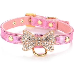 LOVPE Gold Bling Diamond Giltter Leather Fashion Collar with Ring for Tags for Small Dogs,Cat,Puppy and Kitty Walking Travel Party Gifts Tedd, Poodle Dog,Bulldog and Yorkshire Terrier (XS, Pink)