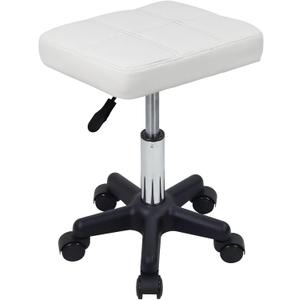 FURWOO Rectangle Rolling Stool with Wheels Height Adjustable Swivel Stool Chair for Spa Salon Massage White