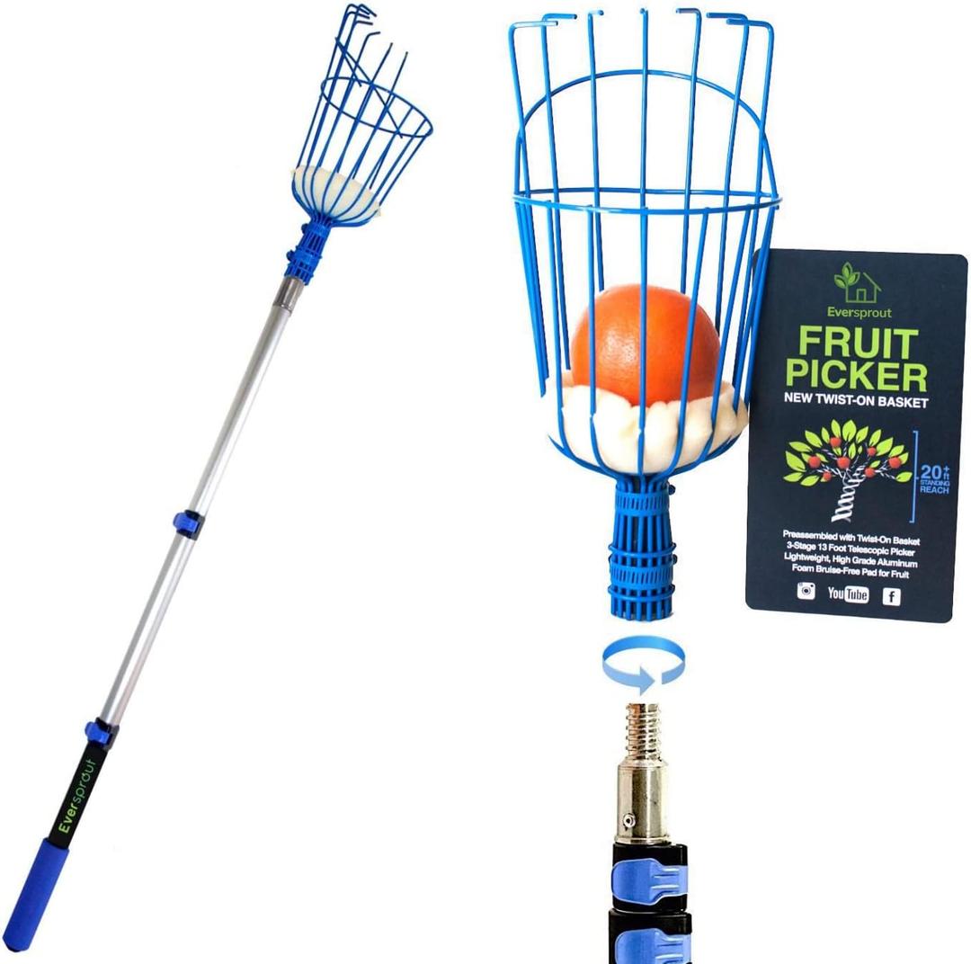 EVERSPROUT 1.5-3ft Durable Fruit Picker with 10+ Foot Reach  Telescoping Fruit Picker Pole, Lightweight Twist-On Fruit Picking Tool with Basket, Aluminium Extension Pole for Tree Fruit Harvesting