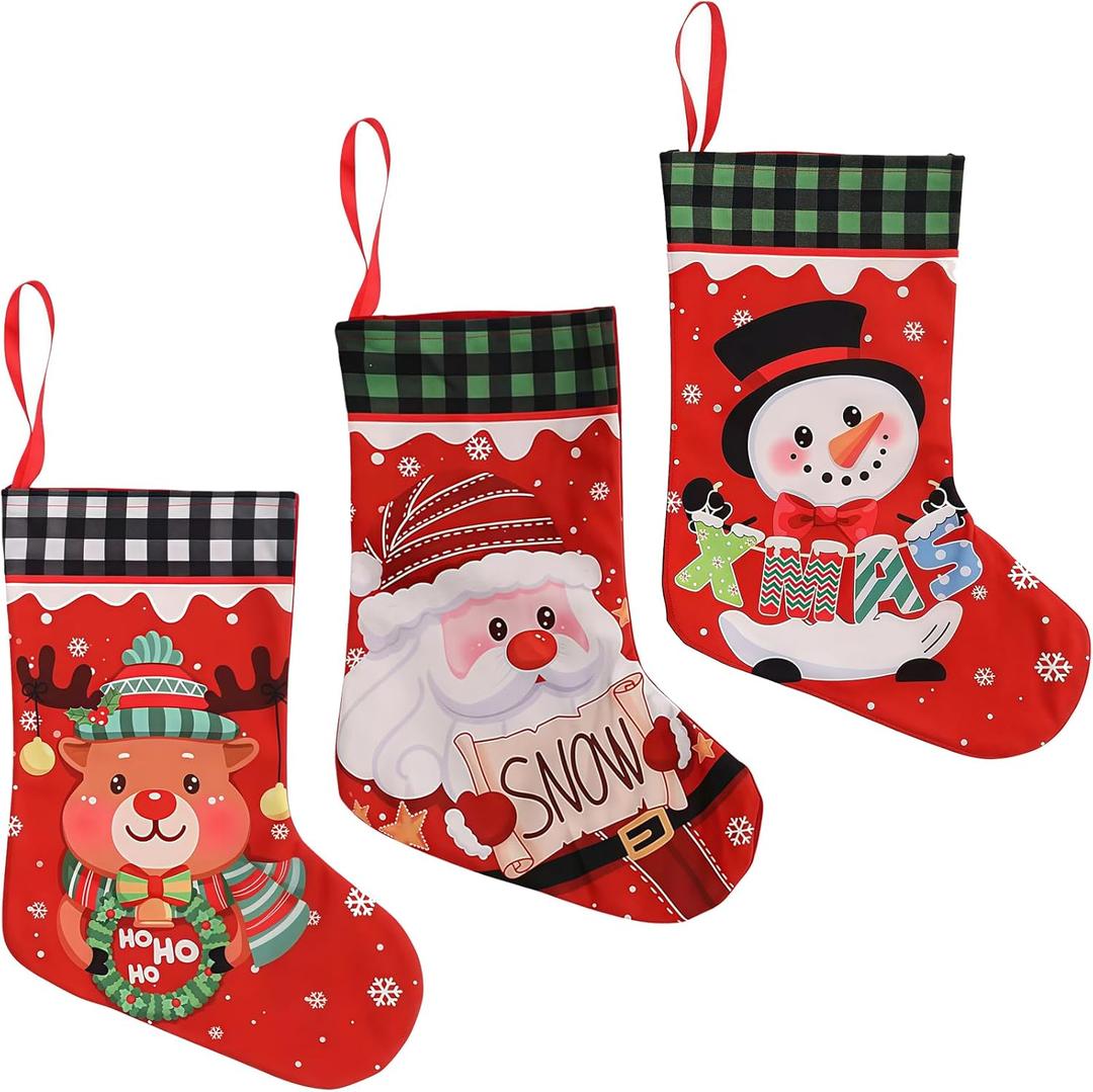 3 Pack Christmas Stockings 15 Inch Soft Plush Stockings Xmas Fireplace Hanging Stockings Fireplace Decoration Flannel Stockings for Holiday Xmas Party Decorations(Santa/Reindeer/Snowman)