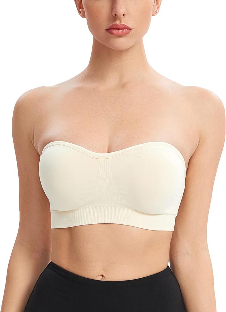 Gnowann Strapless Bras for Women Non-Slip Silicone Bandeau Bralette Seamless Wireless Strapless Bra Padded Tube Top (X-Large, Beige)