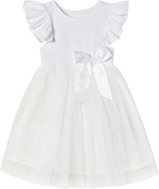 Toddler Girls Ruffle Sleeve Tulle Dress Elastic Waist Bow Kid Casual Sundress, Size 120