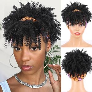 LEOSA Afro Curly Headband Wigs with Bangs - Natural Black Kinky Curly Hair Wigs (4 Inch, 1B#-Purple Colorful cloth)