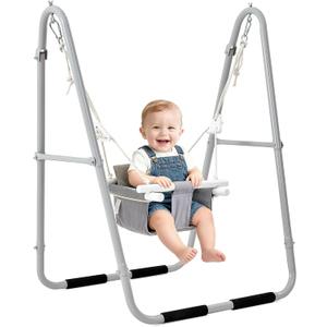 FUNLIO U-Shape Swing Set for Toddlers 6-36 Months, Heavy Duty Metal Frame with 2 Sandbags & 4 Anti-Slip Pads, Easy to Assemble & Store, Foldable & Portable Toddler Swing for Indoor/Outdoor-Gray