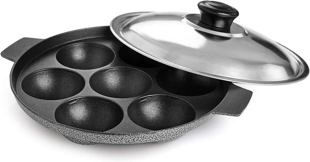 DBY Appam Patra Paniyaral Non-Stick Paniyaram Paniyarakkal Aebleskiver Pan with Stainless Steel Lid 7 Balls