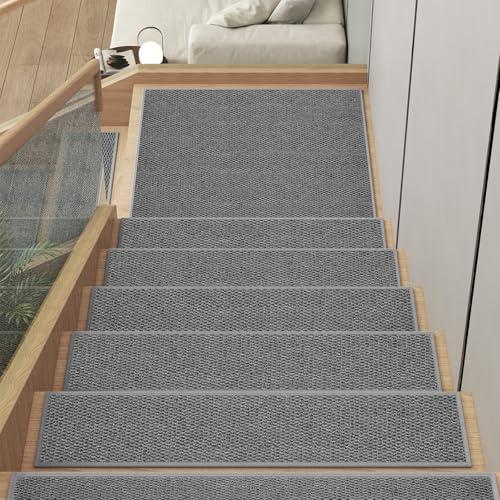 YDKGL 15PC Stair Treads Non-Slip Washable Peel and Stick Stair Treads for Wooden Steps Indoor Reusable Stair Carpet Treads Adhesive Stair-Runner Rugs for Kids and Dogs Elder（8"x30" Gray）
