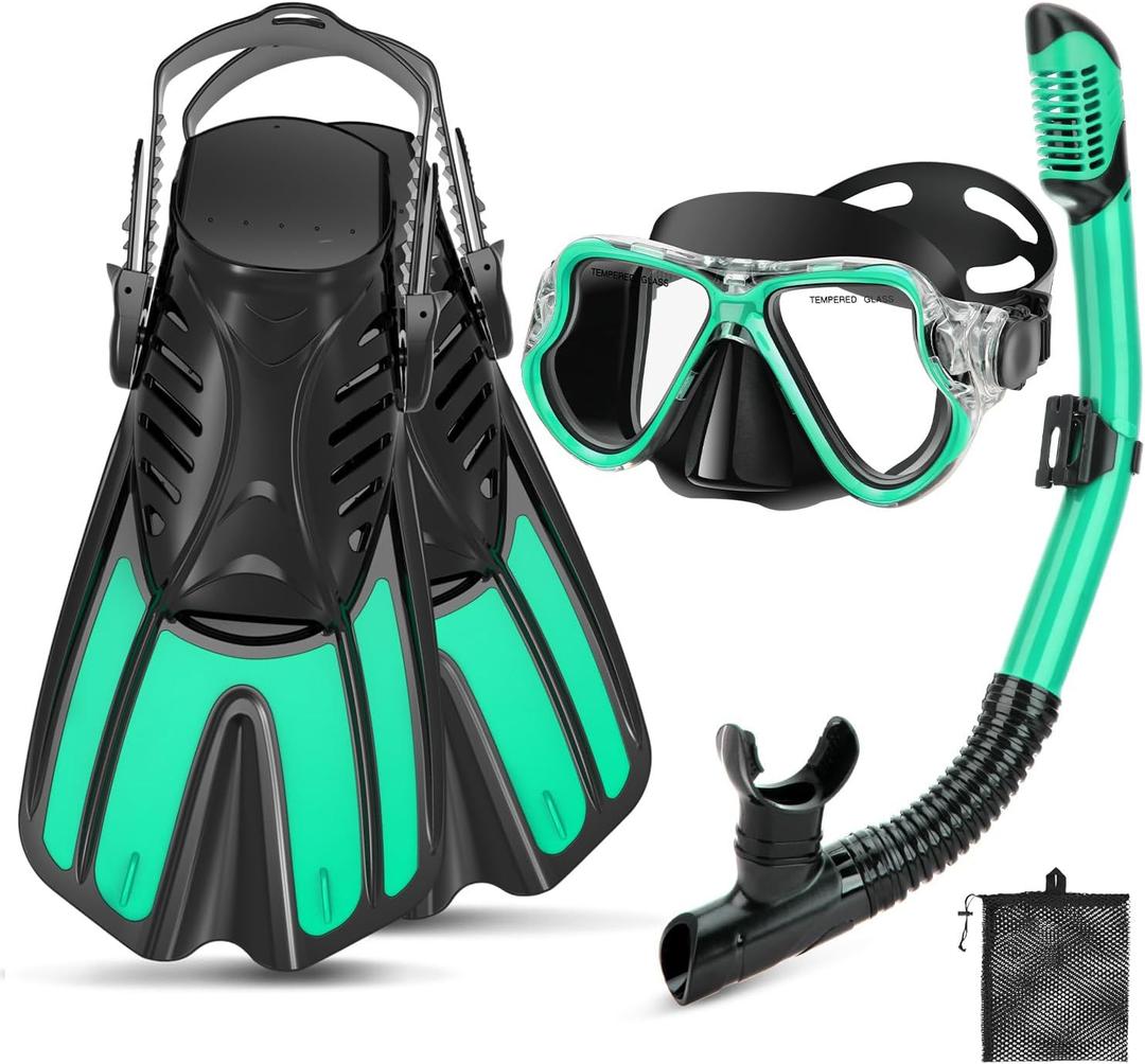 Snorkeling Gear for Adults, 4 in 1 Adult Snorkel Set with Panoramic View Snorkel Mask, Dry Top Snorkel, Adjustable Short Fins and Travel Bag, Snorkel Set with Fins for Snorkeling Diving, Size: 42-47