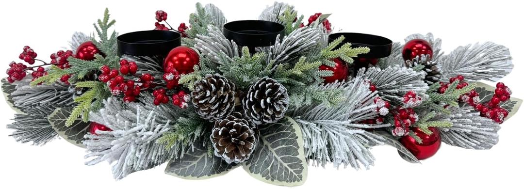 Christmas Candle Holder 3 Candle Holders Xmas Table Centerpiece with Snow Flocked Pine Branches,Pinecones, Red Berries