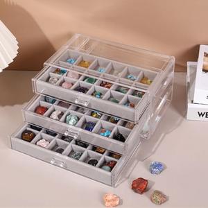 CLUQMEIK Acrylic Rock Collection Display Case with 54 Grids Storage Compartments Rock Collection Boxes Display Organizer Collection Storage Display Cases for Collectibles Crystal /Rock（Gery）