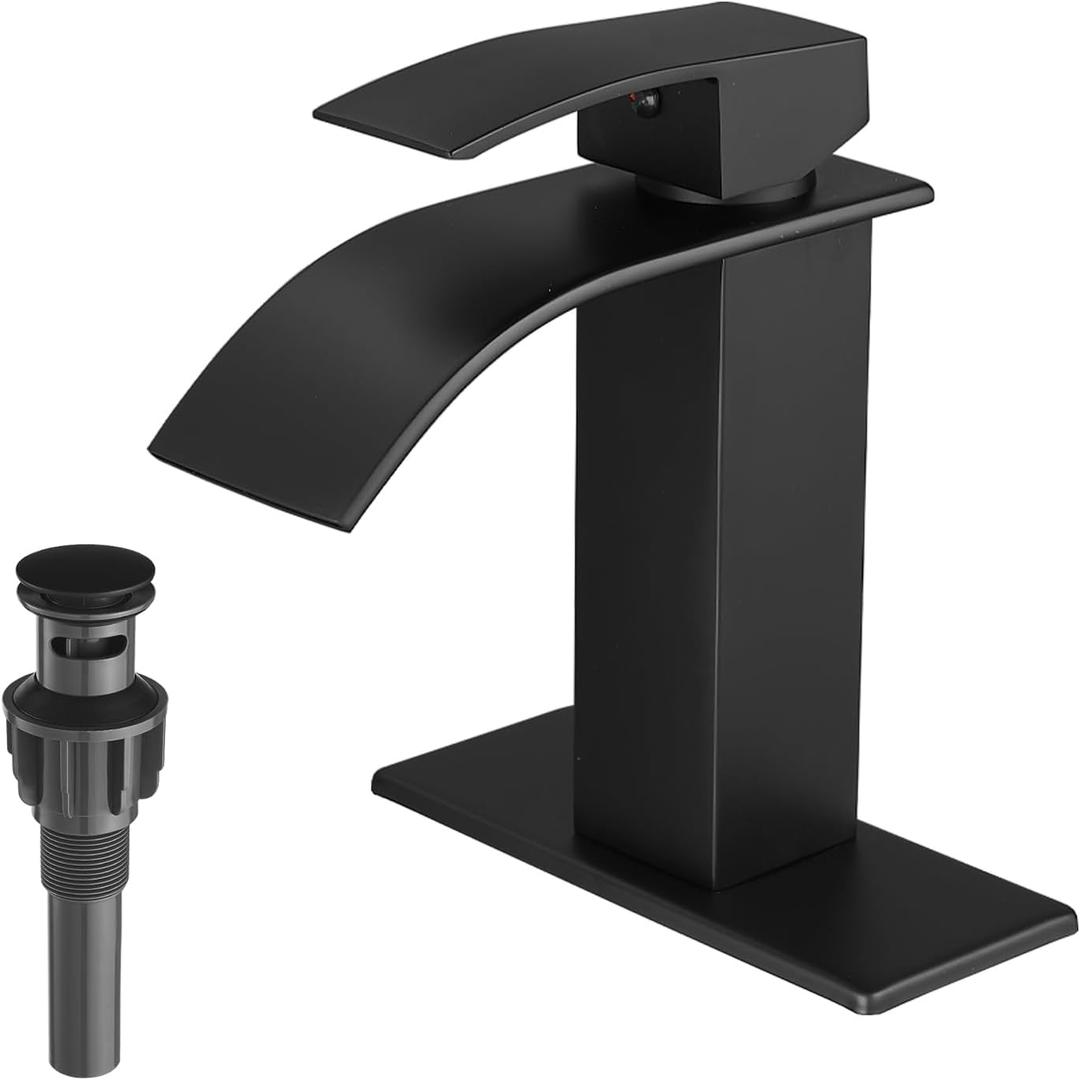 VOTON Black Bathroom Faucets Modern Waterfall Bathroom Sink Faucet Matte Black Single Handle Bathroom Faucet for 1 or 3 Holes with Deck Plate and Pop-Up Drain, Rv Sink Camper Farmhouse Bathroom Faucet (Regular Single Handle - 7.5 inches height)