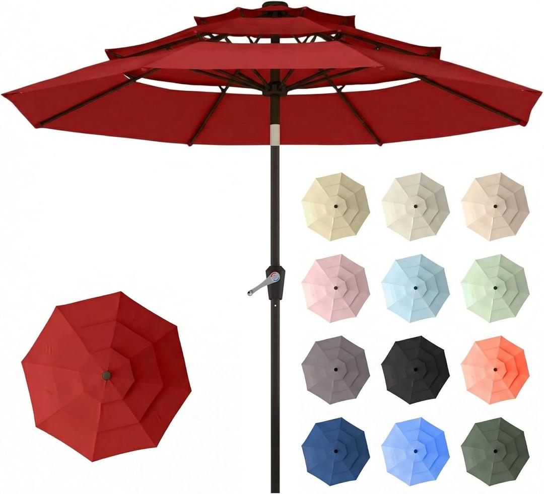 10ft Patio Umbrella, 3 Tier Outdoor Market Table Umbrellas with 8 Fiberglass Ribs and Push Button Tilt, Windproof, Vented Canopy, UV Protection for Deck, Pool, Backyard (Red)