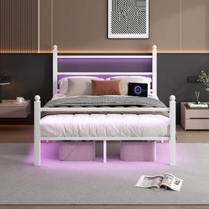 CLIBFENG Full Size Bed Frame with Headboard and Footboard,Steel Slats Support-LED Bed Frame with USB Charging Station,Mattress Foundation-Under Bed Storage,No Box Spring Needed,Noise Free,White