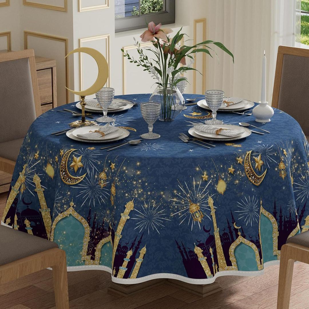 XCHI Green Castle Golden Lantern Stars and Moons Ramadan Mubarak Tablecloth Round Table Cloth Table Covers for Indoor Dining Home Party Decorations 70x70 Inch