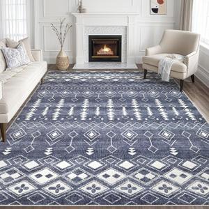 Tortania Area Rug Living Room Rugs - 10x14 Washable Large Soft Neutral Boho Moroccan Bohemian Farmhouse Rug Indoor Floor Carpet for Bedroom Under Dining Table Home Office Decor - DenimBlue (10' x 14')