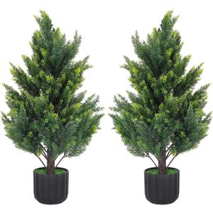 2.3FT Tall Artificial Cedar Topiary Trees Set of 2, Artificial UV Resistant Potted Plants, Faux Bushes Fake Shrubs for Outdoor Indoor Home Entryway Front Porch Garden Patio Offices Living Room Decor