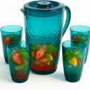 84 oz Crystal-Clear Pitcher with 4 Tumblers Set, BPA-Free Food-Grade Jug with 3-Position Lid & Spout Large Beverage Pitcher for Party, Iced Tea, Lemonade, Sangria, Fridge Teal Blue