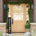 Perfnique Welcome sign for front porch standing, 47 x 7.9 Inch Wooden Leaner Sign with 10 Interchangeable Designed Icons, Seasonal Decor for Spring Easter Fall Christmas(Black)