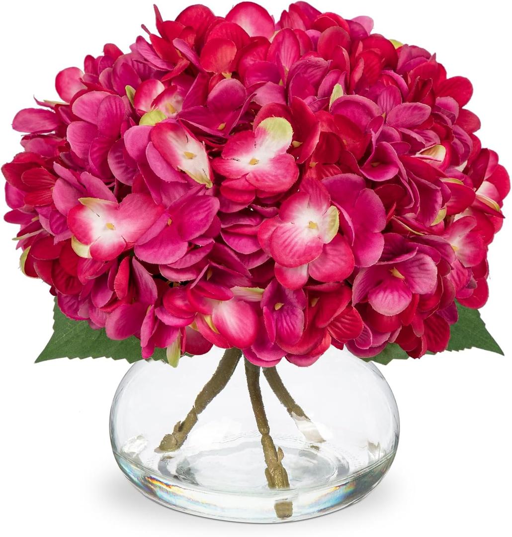 Hollyone Hydrangea Artificial Flowers with Glass Vase Fuchsia Silk Faux Flowers Arrangements in Vase with Faux Water Fake Floral Bulk Bouquet for Home Decor Table Centerpiece Decorations (Hydrangea, Fuchsia)