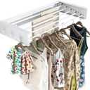 Collapsible Clothing Storage Organizer Drying Rack Wall Mounted for Laundry- 5 Aluminum Rods with 6 Hook Foldable Closet Shelves, Space Saving Storage for Indoor Outdoor, (White,31.5'')