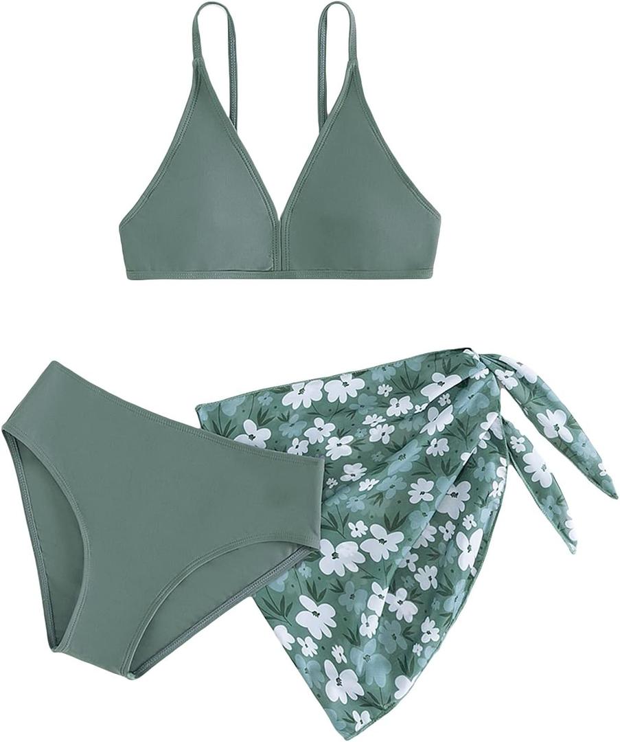 SHENHE Girl's 3 Piece Cute Ditsy Floral Print Triangle Bikini Swimsuit with Beach Cover Up