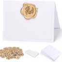 50 Pack Place Cards with Antique Gold Wax Seal Sticker, Name Cards for Table Setting, 4x3 inches Table Tent Card Stock Decor for Party, Wedding Dinner & Events (Pearlescent White)