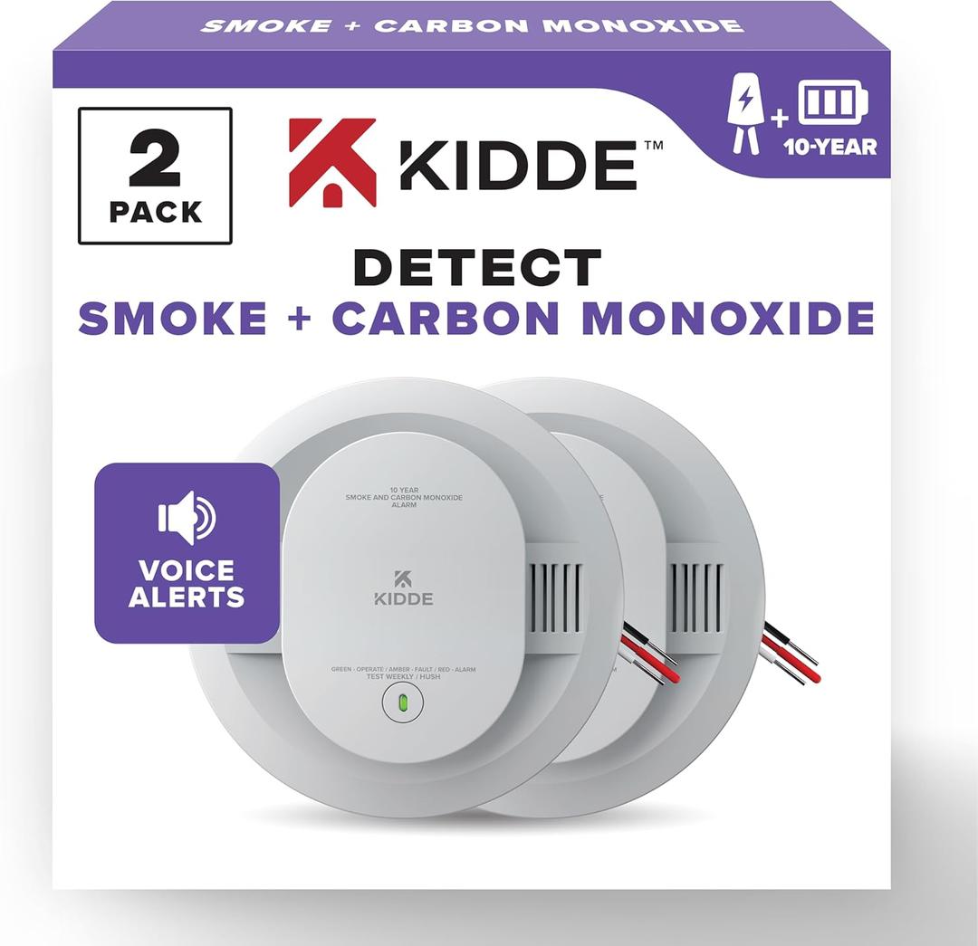Kidde Hardwired Smoke & Carbon Monoxide Detector, 10-Year Battery Backup, Voice Alerts, Interconnectable LED Warning Light Indicators, 2 Pack