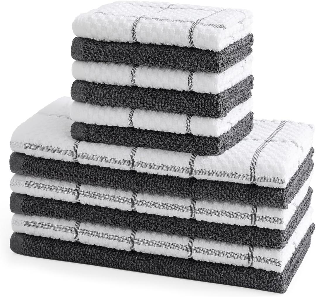 QAJ 12 Pack Kitchen Towels and Dishcloths Set, 100% Cotton Soft and Absorbent Kitchen Towels 16 x 25 inches & 13 x 13inches Dishcloths (Dark Gray)