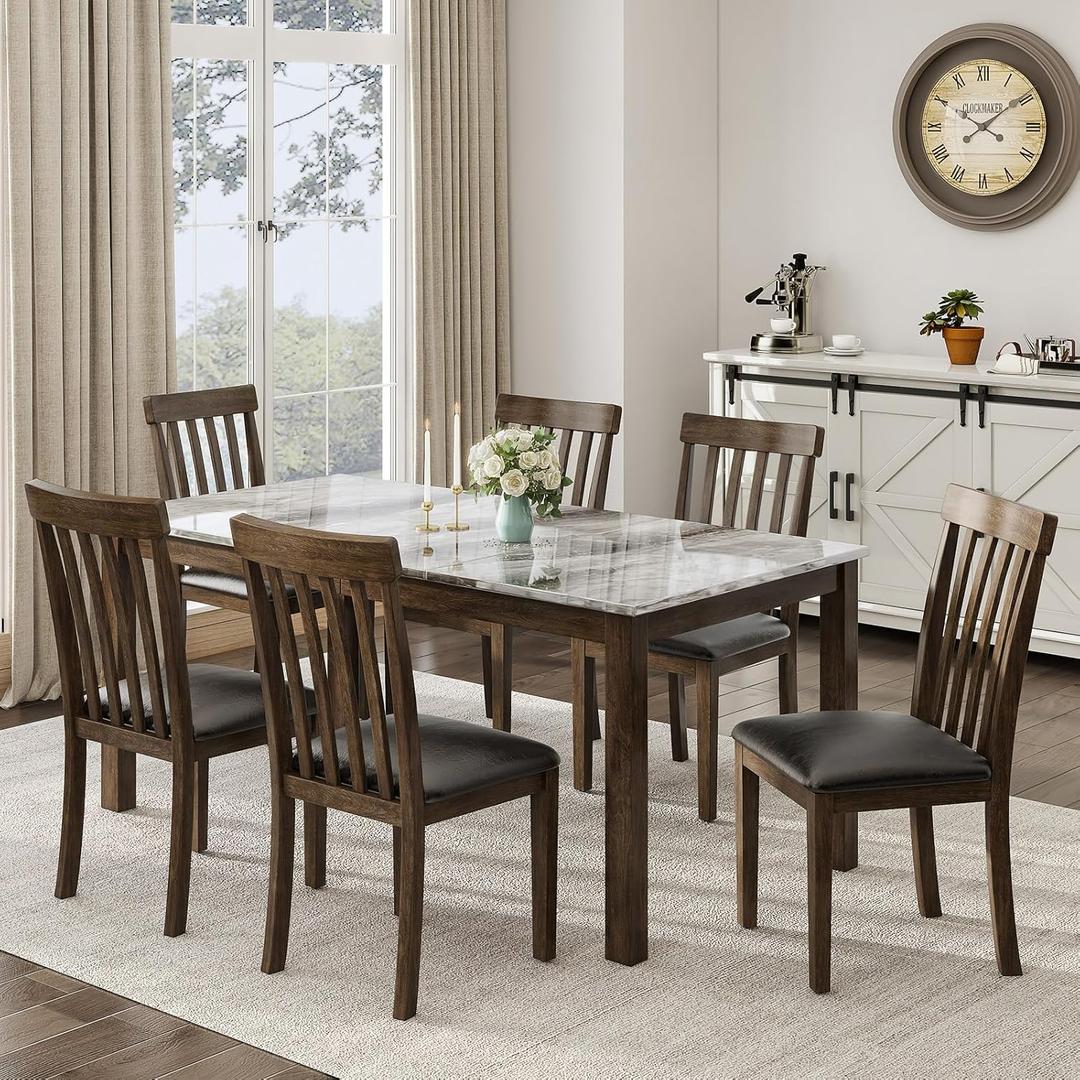 7-Piece Dining Table Set, 71" Faux Marble Kitchen Table with 6 Chairs, Solid Wood Curved Backrests & PU Cushioned Seats, Kitchen Table Chairs Set for Living Room, Dining Room 7-Piece Dining Table Set, 71" Faux Marble Kitchen Table with 6 Chairs, Solid Wood Curved Backrests & PU Cushioned Seats, Kitchen Table Chairs Set for Living Room, Dining Room
