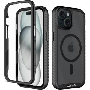 wahhle Compatible with iPhone 15 Case, Magnetic Wireless Charging Built in Screen Protector Full Body Shockproof Slim Fit Bumper Protective Phone Cover 6.1'' Men Women-Black/Clear