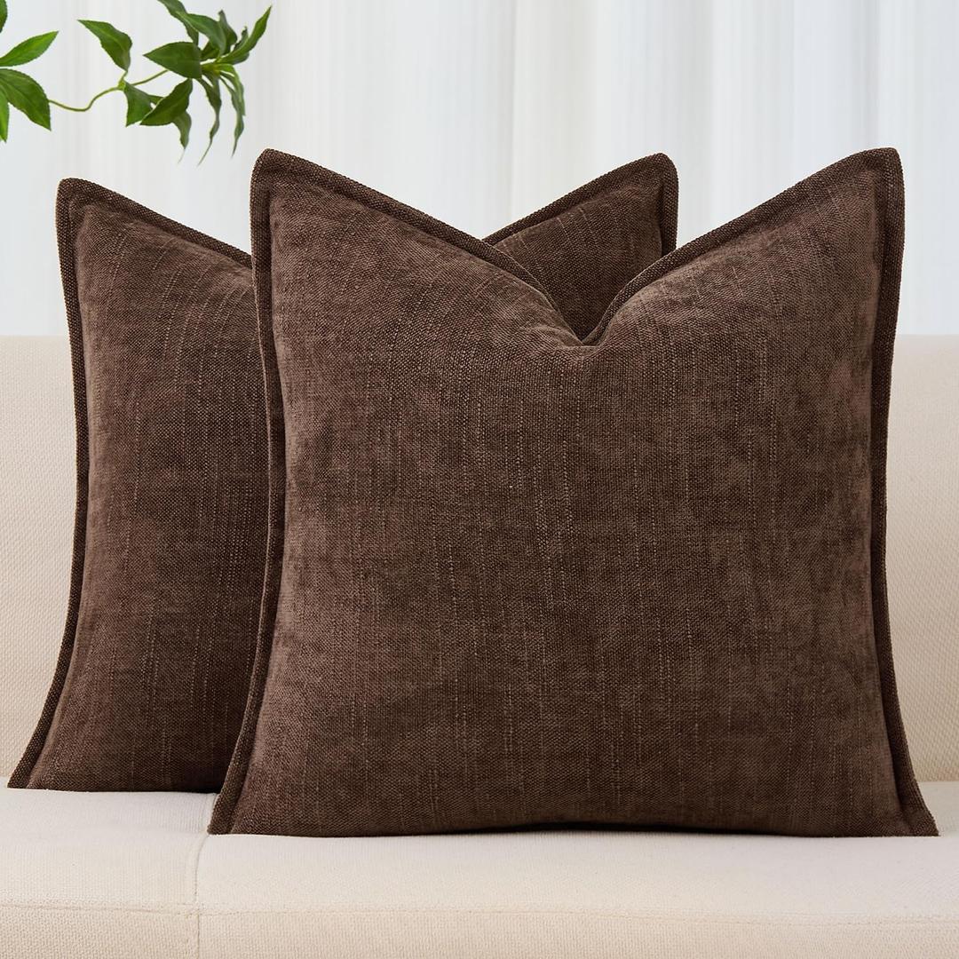 Allorry 18x18 Set of 2 Decorative Throw Pillow Covers Soft Cozy Cocoa Brown Chenille Pillow Covers Neutral Textured Solid Cushion Covers for Modern Farmhouse Sofa Bedroom Living Room Decor SY014-B18