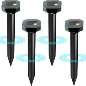 Snake & Mole & Rabbit & Skunk Repellent Solar Powered, 2026 Upgraded Ultrasonic Deterrent, IP65 Waterproof, Gopher Groundhog Chipmunk Raccoon and Vole Repellent & Deterrent for Lawn & Garden, 4 Pack