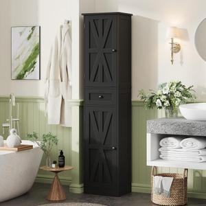 67" H Tall Bathroom Cabinet, Narrow Storage Cabinet with 2 Barn Doors and 1 Drawer, Freestanding Floor Cabinets with 6 Shelves for Bathroom, Living Room, Kitchen, Black