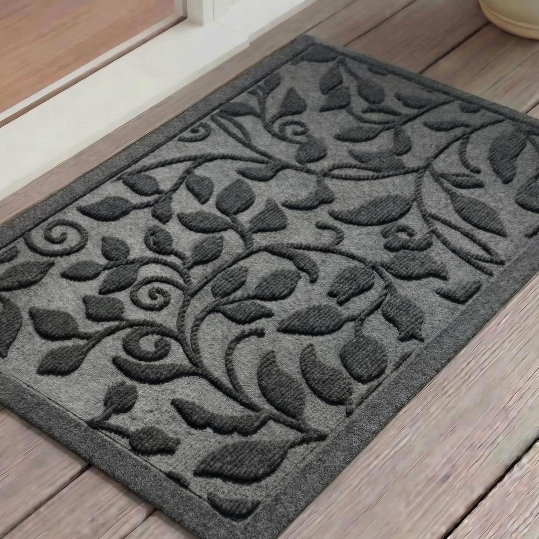 Grey Leaves Ivy Scroll Outdoor Indoor Entrance Door mat, Durable Absorbent Mud Scraper Mat for Front Door, Thick Natural Rubber Back, Easy Clean Entryway Welcome Mat 17x30 Inch, Low Profile