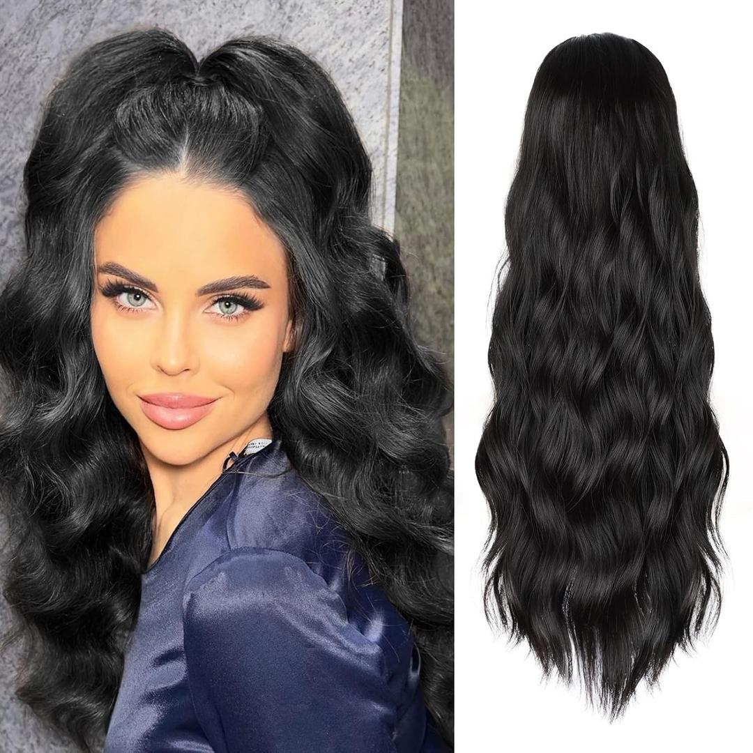 FREEMEIGE Black Drawstring Ponytail Extension Long Wavy Ponytail Extension for Women Pony tail Hair Extension Clip in Pony Tail Hairpieces(22Inch, Natural Black)