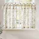 jinchan Floral Linen Tier Curtains 36 Inch Farmhouse Cafe Curtains Tie Top Botanic Drapes for Small Windows Over Sink for Kitchen Country Rustic Laundry Room Bathroom RV 2 Panels Green on Beige