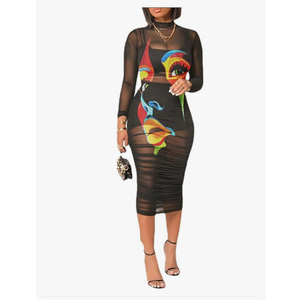 Women Sexy 3 Piece Outfits Set See Through Print Long Sleeve Midi Dress Sheer Mesh Crop Tank Tops Bodycon Skirt, XXL