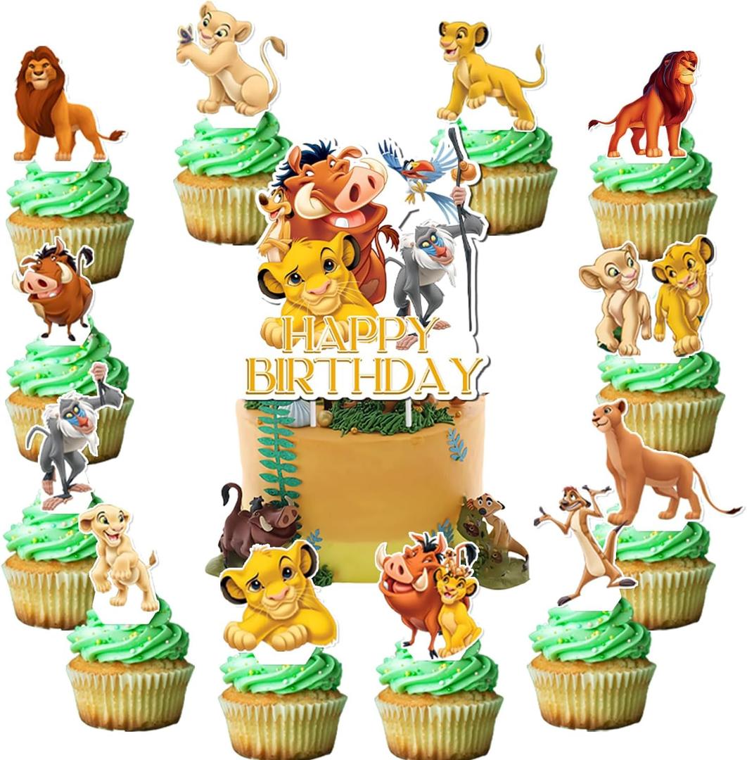 25Pcs Lion-King Birthday Party Supplies Pack Includes 1 Cake Topper 24 Cupcake Toppers for Lion-King Party Supplies