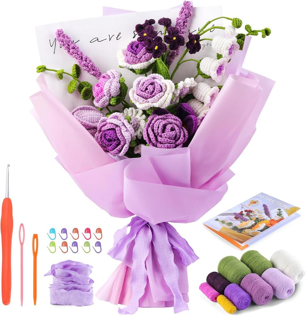 Iuuidu Crochet Kit for Beginners, Flower Bouquet Crochet Kit Rose, Crochet Starter Kit for Beginners with Step-by-Step Video Tutorials for Birthday Anniversary Day Present, Home Decor (Purple)