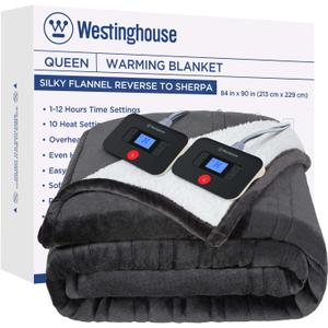Westinghouse Electric Blanket Queen, Heated Blanket Queen Size with 10 Heating Levels and 1 to 12 Hours Heating Time Settings, Flannel to Sherpa Reversible, Machine Washable (84" x 90", Charcoal)