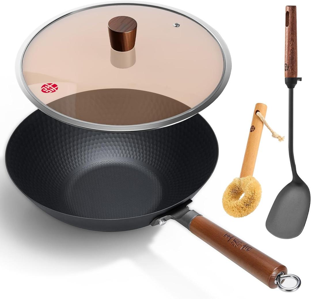 WANGYUANJI Carbon Steel Wok Pan with Lid (12.6"), Ultra-Lightweight 2.9lb Stir Fry Pan for Electric, Induction & Gas Stoves, Pre-Seasoned Flat Bottom Iron Skillet with Spatula, No Chemical Coating